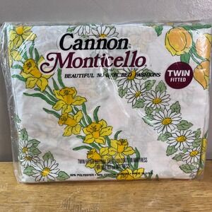 Vtg Cannon Monticello Twin Fitted Sheet Yellow Floral Daffodil Daisy NIP USA